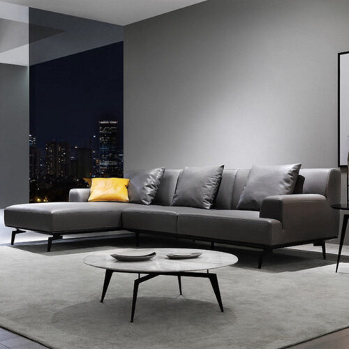 Ghế sofa góc đệm da L23 cao cấp màu xám hiện đại, thiết kế chữ L sang trọng, sản xuất tại xưởng sofa Huy Hoàng – 625 Tam Trinh, Yên Sở, Hoàng Mai, Hà Nội.
