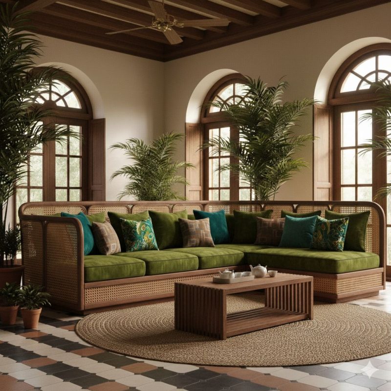 Sofa Indochine Đệm Bọc Da Lộn/Nhung (Màu Xanh Rêu, Xanh Ngọc)