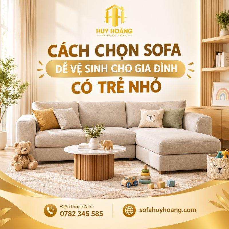 Cách chọn sofa dễ vệ sinh cho gia đình có trẻ nhỏ là ưu tiên chất liệu bọc dễ lau chùi, hạn chế bám bẩn và phù hợp với nhu cầu sử dụng hằng ngày.